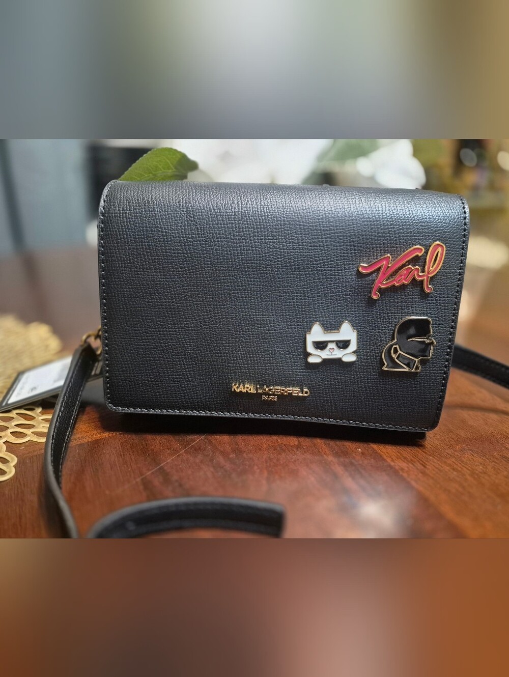 Karl Lagerfeld Black Leather Crossbody bag with Enamel Charms